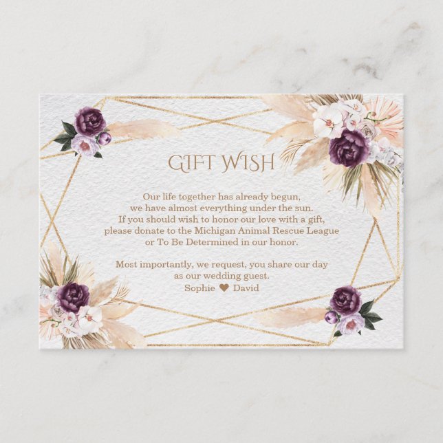 Pampas Grass Purple Flowers Wedding Gift Wish  Enclosure Card (Front)