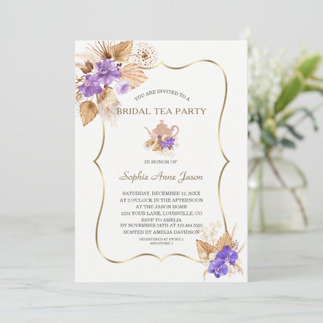 Pampas Grass Purple Orchid Gold Bridal Tea Party  Invitation (Standing Front)