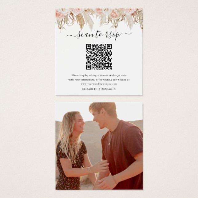 Pampas Grass QR Code Photo Wedding RSVP Card (Front & Back)