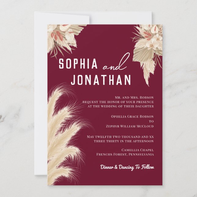 Pampas Grass Red Burgundy Wedding Modern Chic Invitation (Front)