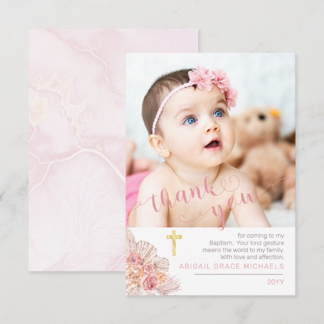 Pampas Grass | Rose Blooms Baptism Photo Thank You Card (Front/Back)