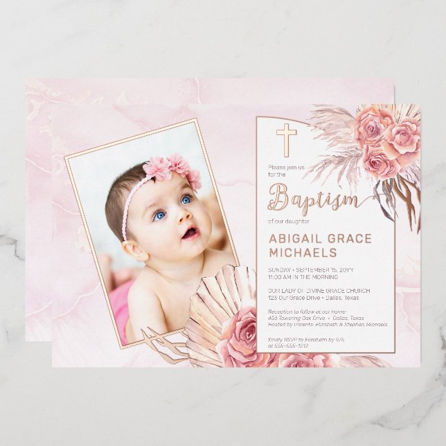 Pampas Grass | Rose Blooms Girl Baby Photo Baptism (Front/Back)