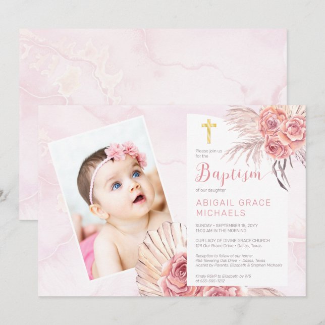 Pampas Grass | Rose Blooms Girl Baby Photo Baptism Invitation (Front/Back)