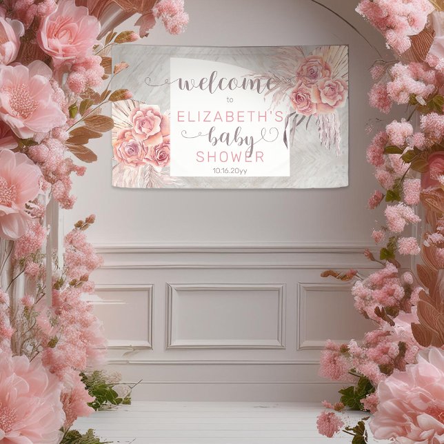 Pampas Grass |Rose Blooms Girl Baby Shower Welcome Banner (Boho Pampas Grass and Rose Blooms Pink | Gray Girl Baby Shower Welcome Banner)