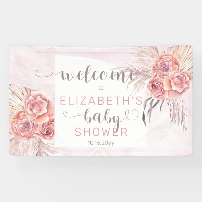 Pampas Grass |Rose Blooms Girl Baby Shower Welcome Banner (Horizontal)