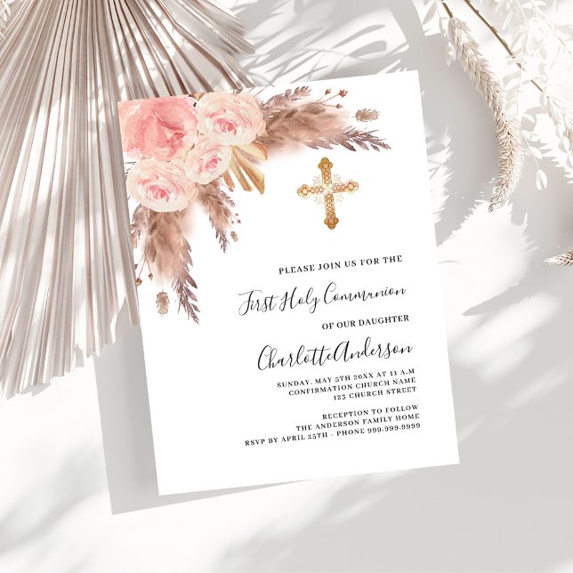 Pampas grass rose blush cross first holy communion invitation postcard (Creator Uploaded)
