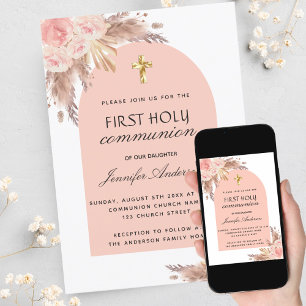 Pampas grass rose blush first holy communion invitation