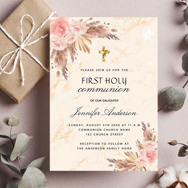 Pampas grass rose blush first holy communion invitation (Creator Uploaded)