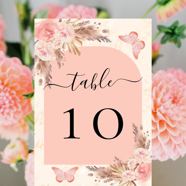 Pampas grass rose gold blush arch butterfly table number (Creator Uploaded)