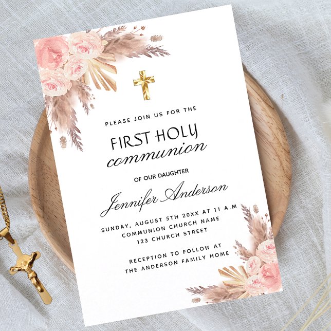 Pampas grass rose gold blush first holy communion invitation postcard (Creator Uploaded)