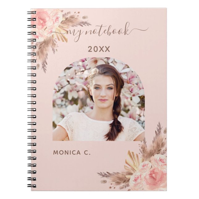 Pampas grass rose gold blush florals photo notebook (Front)