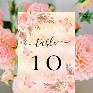 Pampas grass rose gold blush pink floral butterfly table number