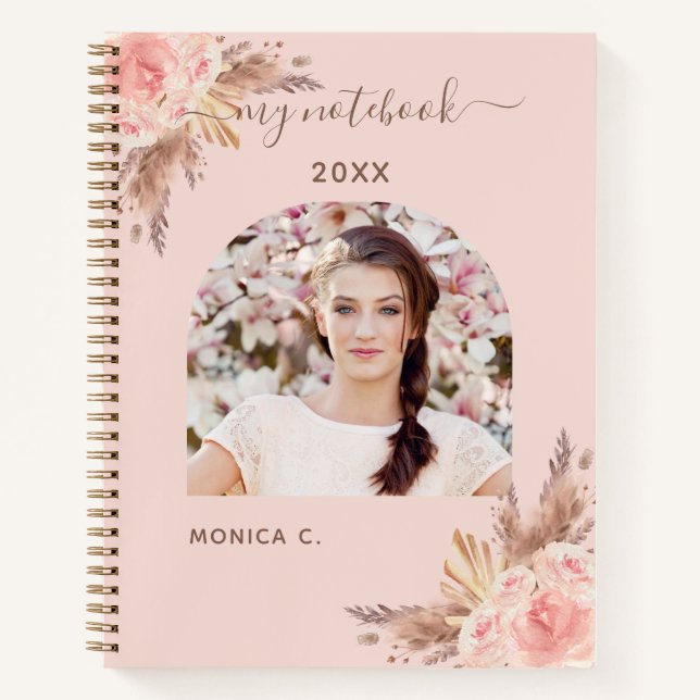 Pampas grass rose gold blush pink floral photo notebook (Front)