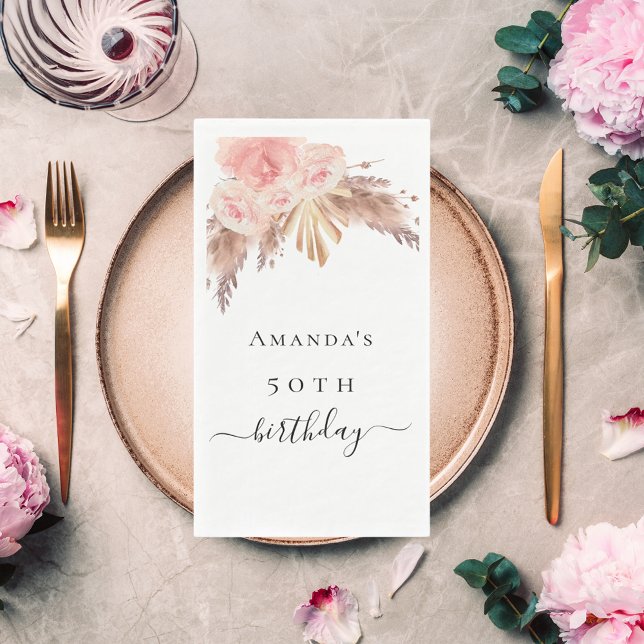 Pampas grass rose gold floral birthday party napkin (Creator Uploaded)
