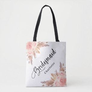 Pampas grass rose gold floral bridesmaid wedding tote bag