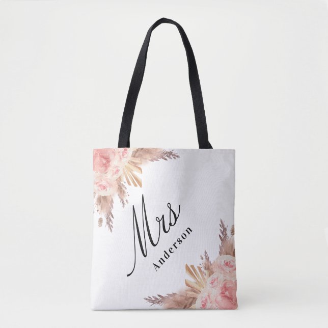 Pampas grass rose gold floral white bride mrs tote bag (Front)