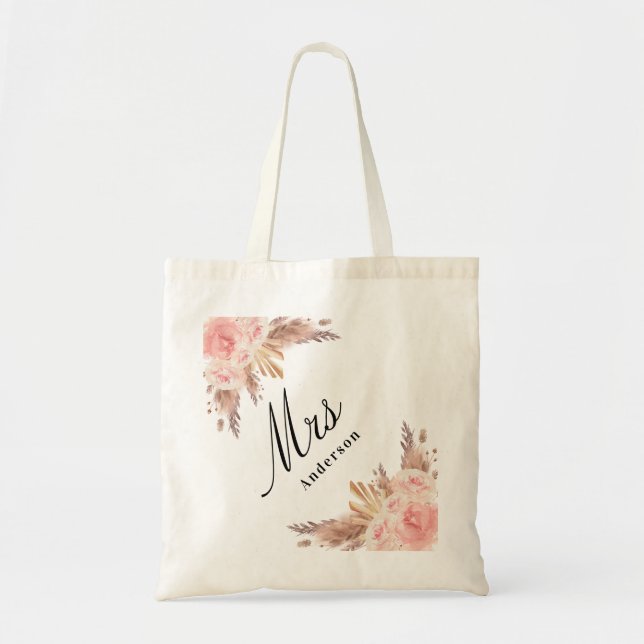 Pampas grass rose gold floral white bride mrs tote bag (Front)