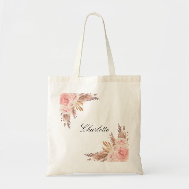 Pampas grass rose gold floral white name tote bag (Front)