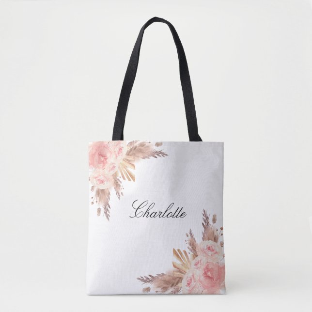 Pampas grass rose gold floral white name tote bag (Front)