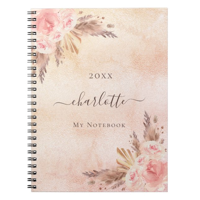Pampas grass rose gold florals name notebook (Front)