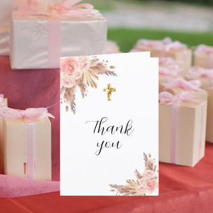 Pampas grass rose gold florals photo baptism thank you card