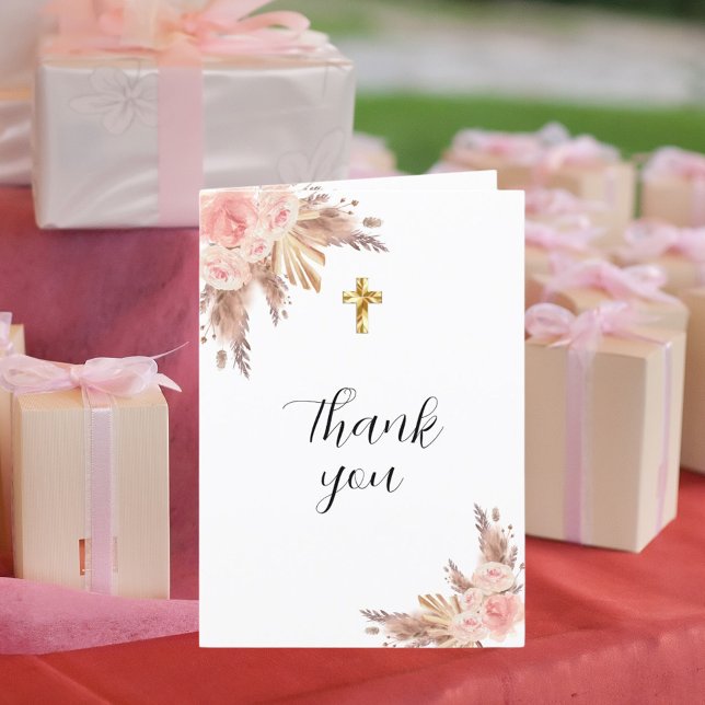 Pampas grass rose gold florals photo christening thank you card (Creator Uploaded)