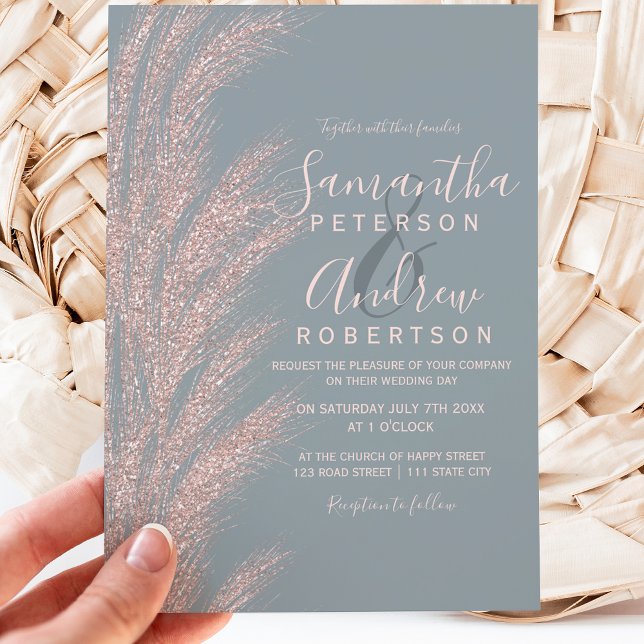 Pampas grass rose gold glitter dusty blue wedding invitation (Creator Uploaded)