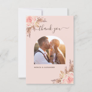 Pampas grass rose gold photo boho wedding thank you card