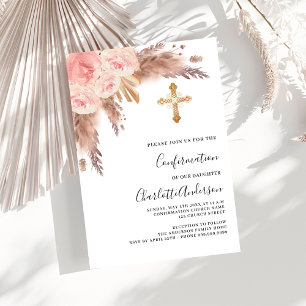 Pampas grass rose gold pink cross confirmation invitation