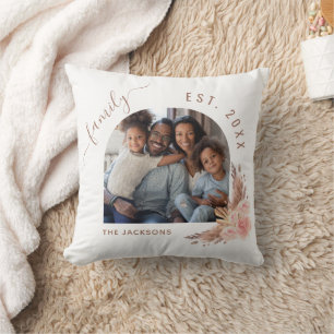 Pampas grass rose gold pink floral family photo cushion