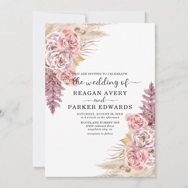Pampas Grass Rose Purple Wedding Invitation (Front)