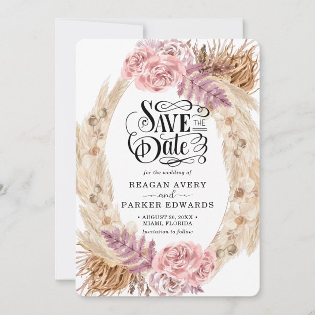 Pampas Grass Rose Purple Wedding Save The Date (Front)