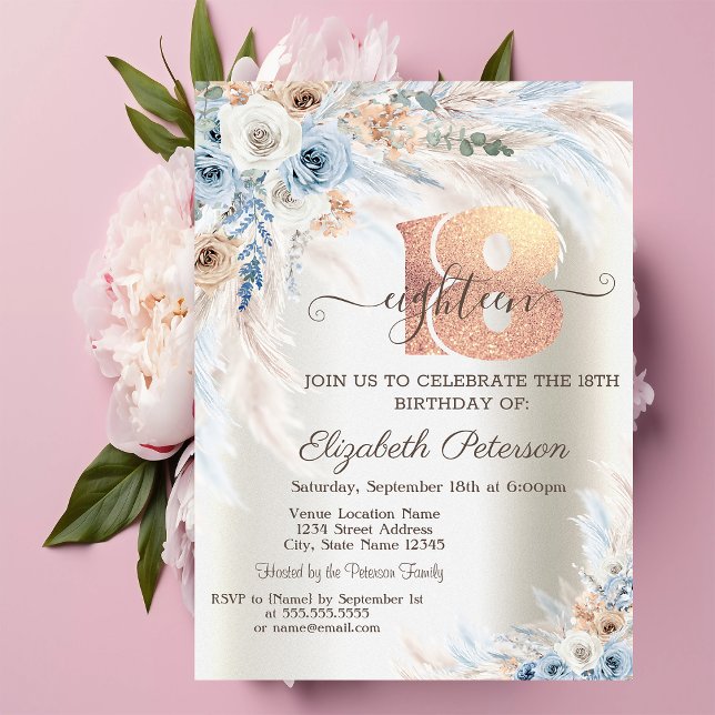Pampas Grass Roses Ivory 18th Birthday  Invitation (Creator Uploaded)