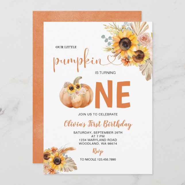 Pampas Grass Rust Orange Pumpkin 1st Birthday Invitation (Front/Back)