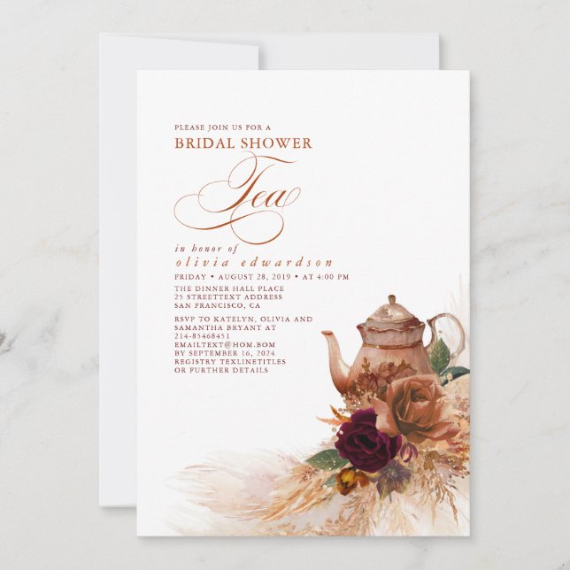 Pampas Grass Rust Terracotta Bridal Shower Tea Invitation (Front)