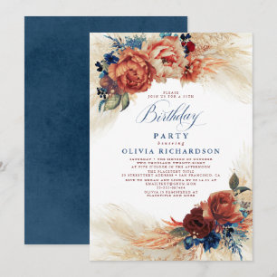 Pampas Grass Rust Terracotta Fall Birthday Party Invitation