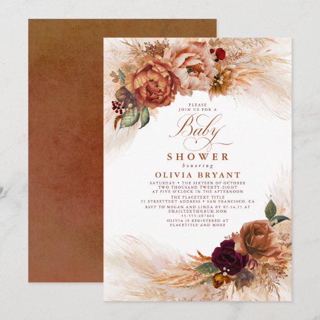 Pampas Grass Rust Terracotta Floral Baby Shower Invitation (Front/Back)