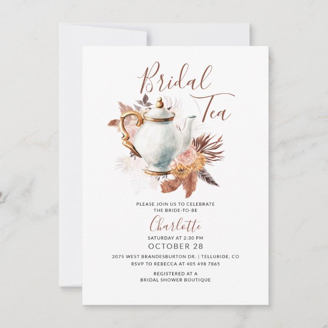 Pampas Grass Rustic Terracotta Bridal Tea Party Invitation (Front)