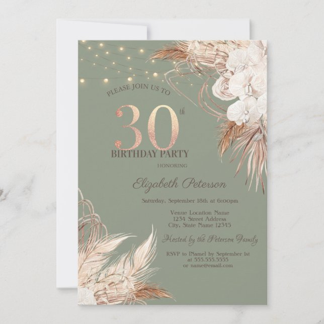 Pampas Grass Sage Green 30th Birthday Invitation (Front)