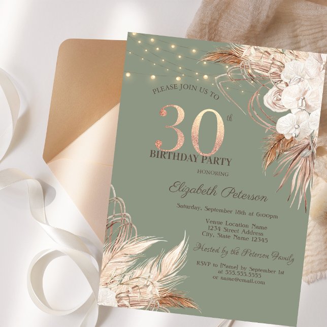 Pampas Grass Sage Green 30th Birthday Invitation (Creator Uploaded)