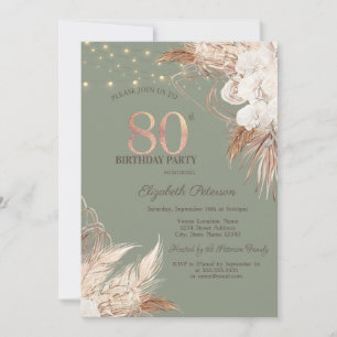 Pampas Grass Sage Green 80th Birthday Invitation
