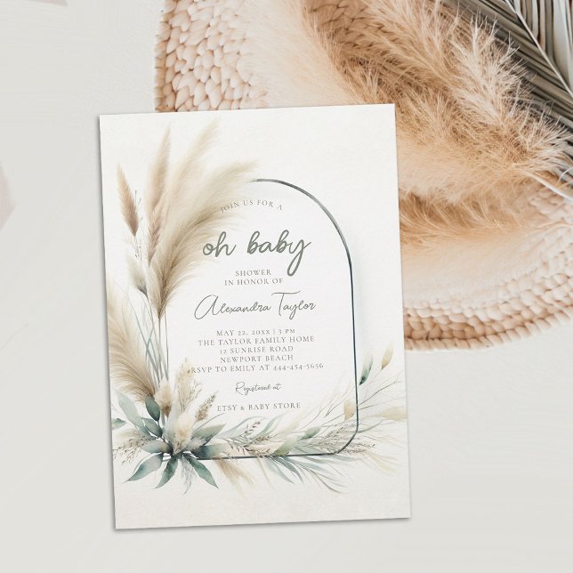 Pampas Grass Sage Green Arch Neutral Baby Shower Invitation (pampas grass oh baby shower invitation gender neutral watercolor greenery botanical foliage boho )