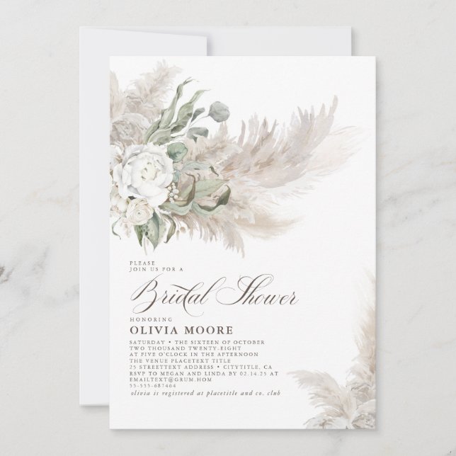 Pampas Grass Sage Greenery Floral Bridal Shower Invitation (Front)