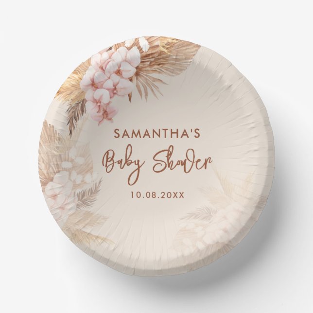 Pampas Grass Script Pink Floral Baby Shower Paper Plate (Front)