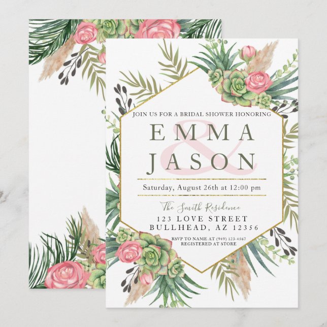 Pampas Grass Succulent Couples Bridal Shower Invitation (Front/Back)