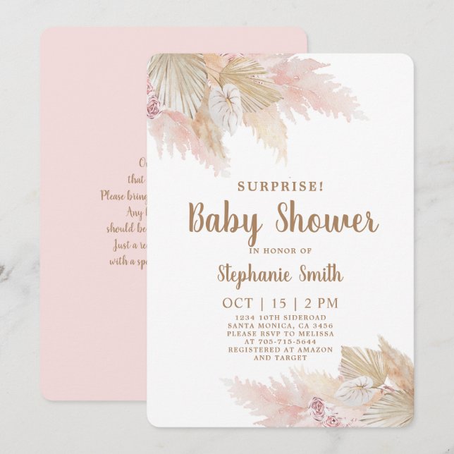 Pampas Grass Surprise Baby Shower Girl Invitation (Front/Back)