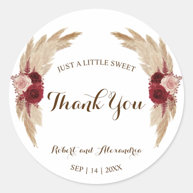 Pampas Grass Sweet Treat Wedding Thank You  Classic Round Sticker (Front)