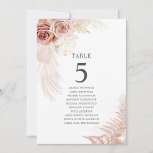 Pampas Grass Table Number 5 Wedding Seating Card