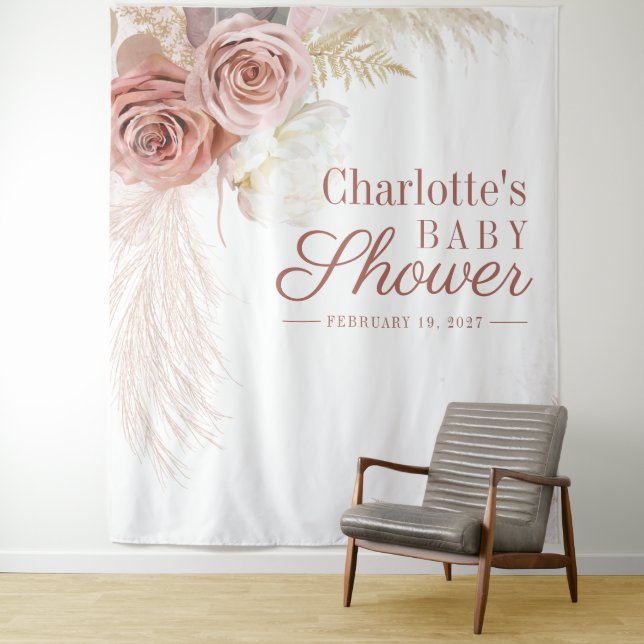 Pampas Grass Tan Baby Shower Photo Booth Backdrop Tapestry (In Situ)