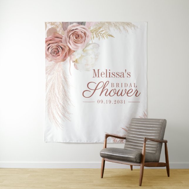 Pampas Grass Tan Bridal Shower Backdrop Tapestry (In Situ)